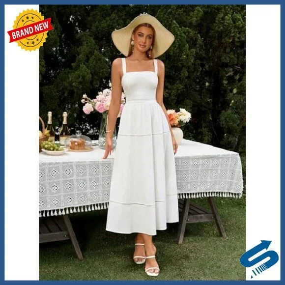 Summer Corset Midi Dress Square Neck Flowy A-Line Wedding Guest - Picture 3 of 8